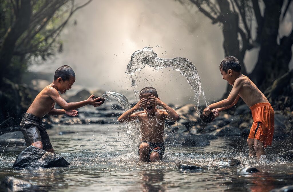 children, river, bathing, bathe, nature, boys, kids, asian, asian boys, fun, happiness, splash, splashing water, childhood, water, indonesian, joy, laugh, outdoors, play, wet, people, playing